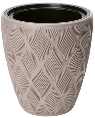 B2C Round Tall Plant Pot Elegant Large Flower Indoor Outdoor Garden Planters Flow High 5 Colours Wave Plastic Textured With insert (Taupe, H32cm x D29cm)