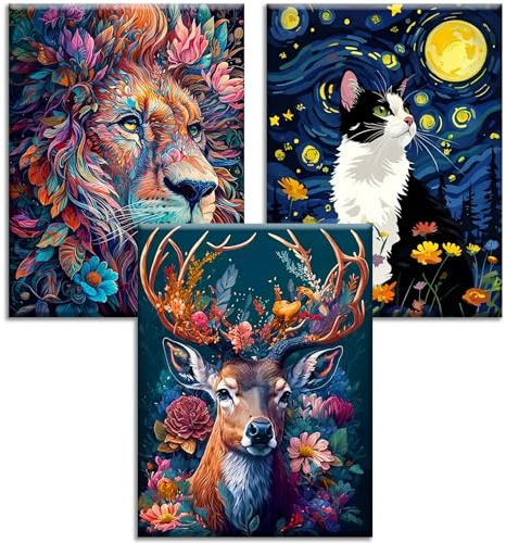 Lot de 3 peintures par numéros - Animaux adultes - Peinture par numéros pour adultes - Motif cerf chat lion - Peinture à l'huile sur toile pour décoration de la maison - 30 x 40 cm