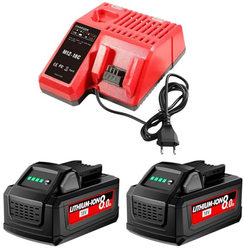 Lot de 2 batteries de rechange 18 V 8000 mAh pour Milwaukee + chargeur 4 A compatible avec Milwaukee M18 M18B 48-11-1840 48-11-1828 48-11-1820 48-11-1815 48-11-1850