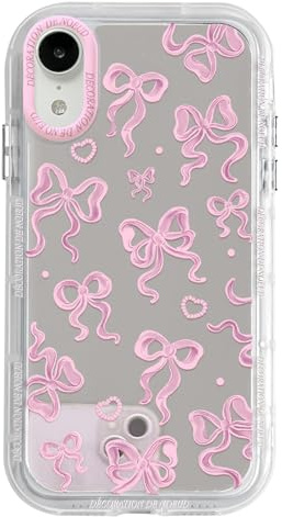 NITITOP for iPhone XR Case Cute Mirror Bow,Pink | for Women Girls, Aesthetic Love Heart and Bowknot Pattern, Glossy Ribbon Design, Hard PC Back Cover, Full Camera Protection