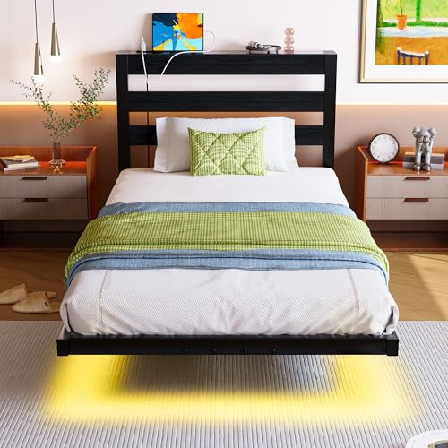 VERFARM 3ft Single Floating Bed Frame with LED Lights & USB Charging Station, Metal Platform Bed Frame Single Size with Wood Storage Headboard, No Box Spring Needed, Metal Slat Support, Noise Free