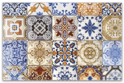 Herdabdeckplatte 80x52 cm einteilig aus 4mm ESG Glas | Azulejo Muster – mediterrane Fliesen | Herd Abdeckung Abdeckplatte Induktion Schneidebrett Glasplatte für Ceranfeld