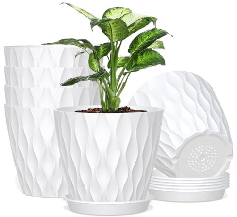 Homeuouz 12.5CM 6 Pack Plastic Plant Pots, 5 Inch Flower Pots Indoor with Drainage Holes Saucer for All House Plants(White)