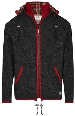 THC Natural Line Handgefertigte Schafwolljacke Damen & Herren – Strickjacke mit kariertem Baumwoll-Mix-Futter & Fleece – Schwarz Rot 839 – Windabweisende Wolljacke mit abnehmbarer Kapuze