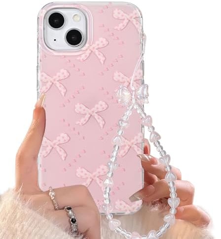 Reownest for iPhone 13/iPhone 14 Case with Cute Pink Bowknots diamond Pattern Aesthetic Girly Cover, Soft TPU Bumper Protective Phone Cases for Women Girls + Beaded Bow Chain