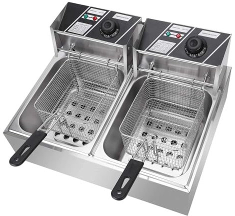 Friteuse Électrique 12 L Commerciale-Double Réservoir Amovible, Électrique Station De Friture En Inox Professionnelle, Avec 2 Paniers à Friture, Couvercle, Thermostat 60-200°C Pour Frire Des Aliments