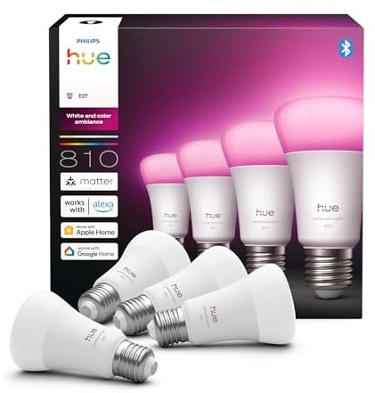 Philips Hue Lampada Smart LED A60, white and color ambiance, E27 Base, 6 W, spettro compl. 1.000 K-20.000 K, 810 lumen, int. regolabile, compatibile Alexa, Google Assistant e Apple Home, conf. da 4