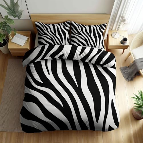 Schwarz Weiß Bettwäsche 200 x 220 cm Abstrakt Tier Zebra Streifen Druck 3tlg, Weiche Mikrofaser Bettbezug & 2 Kissenbezug für Jungen Und Mädchen - Wendebettwäsche für Schlafzimmer Deko Geschenke