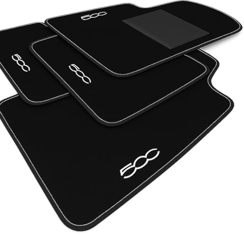 Autofußmatten für die 500 ab 2010 | Komplettset 4 gestickte Autofußmatten mit schwarzem Rand und weißer Naht | Hochwertiger Teppich | Rutschfester Boden | PVC-Absatzschoner | Langlebig