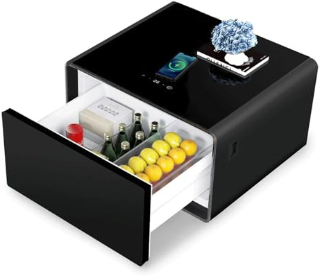 Smart Nachttisch Beistelltisch mit eingebautem Kühlschrank und 15 W kabellosem Laden – Minimalistisches Design, praktischer Beistelltisch für Schlafzimmer