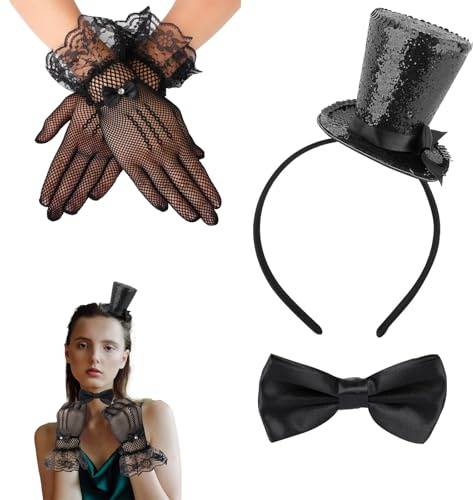 Chapeau de Carnaval élégant, mini serre-tête noir, avec nœud papillon et gants en dentelle, pour mariage, cocktail et fêtes, design rétro et chic