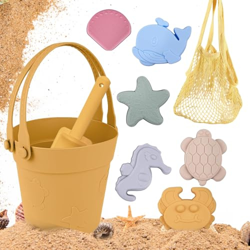 LUFEIS Lot de 9 jouets de sable en silicone - Jouet de plage pour la famille - Avec seau - Sac en filet - Moules à sable - En plastique souple - Jouet de plage pour l'extérieur