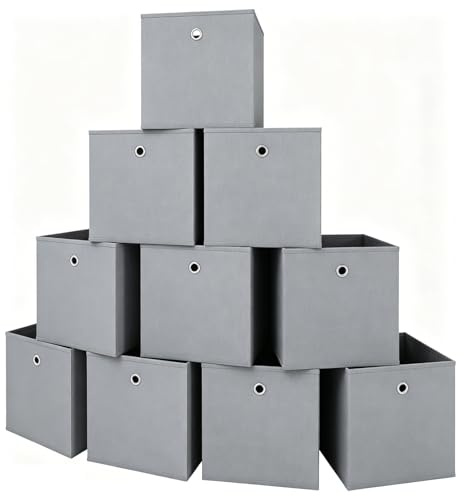 10er Faltbare Aufbewahrungsboxen 32x32x32 cm Stoffboxen mit Fingerloch für Kallax Regale Platzsparende Würfelboxen aus Vliesstoff Aufbewahrungslösung für Würfelregal Schrank Kinderzimmer Grau