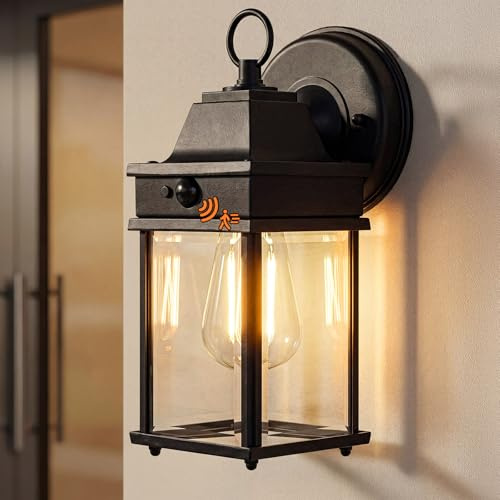 Warmiehomy PIR Outdoor Wall Lights with Motion Sensor, 3 Modes IP65 Waterproof Outside Lights, E27 External Lights Mains Powered, Black Exterior Wall Lamp for Front Door, Porch, Garden (Bulb Included)