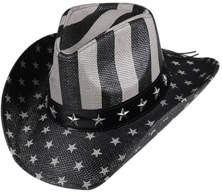 Ciieeo Western Straw Cowboy Hat with American Flag Print, Vintage Cosplay Accessory for Men and Women, Wide Brim Paper Straw Hat for Party and Outdoor Use