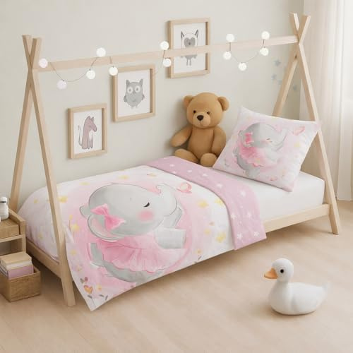 texpot Kinderbettwäsche Set 100 x 135 + 40 x 60 cm Druckmotiv Elefant 100% Baumwolle Reißverschluss pflegeleicht 2-teilig