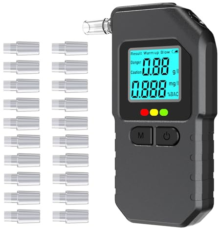 Breathalyser Alcohol Tester, Dual Sensor Digital Breathalyzer with LCD Display, Portable Breath Alcohol Meter, 20 Mouthpieces, Fast Results, Pocket Size for Home Parties, Personal Checking (Black)