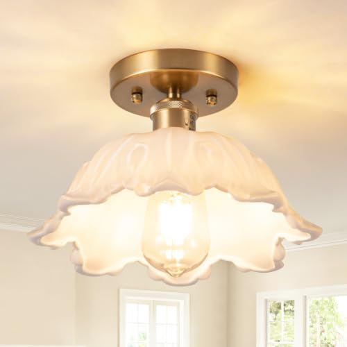 Vloitgol Deckenleuchte Vintage mit lampenschirm Weiß glas E27 26cm halbbündige Transparent Deckenlampe Vintage blumen Glas für Schlafzimmer Flur Küche Esszimmer Wohnzimmer - Ohne Glühbirne