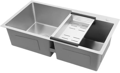 Double évier de cuisine en acier inoxydable 78 x 43 cm avec isolation phonique et panier d'écoulement, évier encastrable pour cuisine, garage, restaurant