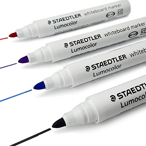 Staedtler Lumocolor Whiteboard-Marker, 351, trocken abwischbar, Korrekturstift, Rundspitze, 1 x Schwarz, 1 x Blau, 1 x Violett, 1 x Rot.