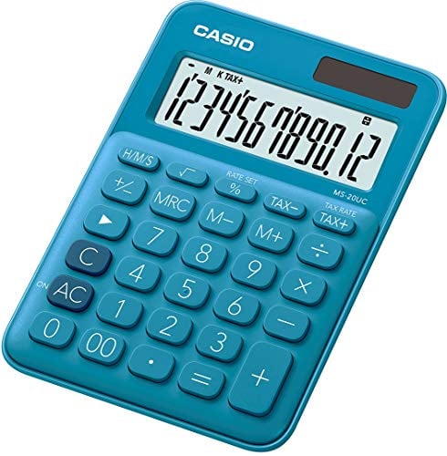 CASIO Tischrechner MS-20UC-BU, 12-stellig, in Trendfarben, Steuerberechnung, Zeitumrechnung, Solar-/Batteriebetrieb, 2.3 x 10.5 x 14.95 cm