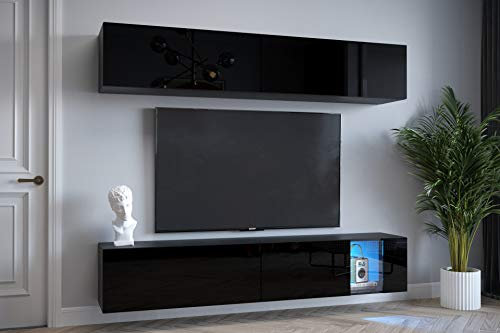 FURNITECH Wohnwand Wohnzimmer | Wohnzimmer Möbel mit LED RGB - 16 Farben | Hängend Wohnwand Modern | Wohnzimmer Schrankwand mit Regale und TV Schrank (Sally EX4-20B-HG1)