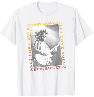 Lenny Kravitz Official – Unisex-Erwachsene T-Shirt, Weiß, S, Kurzarm, Klassische Passform, Rundhals, Guitar Let Love Rule Druck