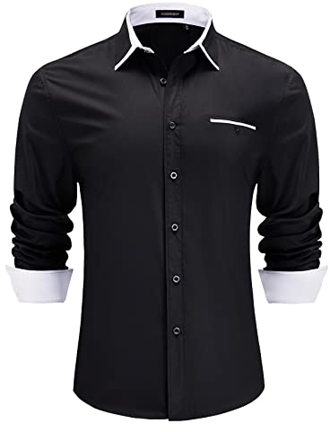 HISDERN Mens Black Shirts Long Sleeve Regular Fit Dress Shirt Business Casual Button Down White Collar Shirt Gifts for Men,Black & White,M
