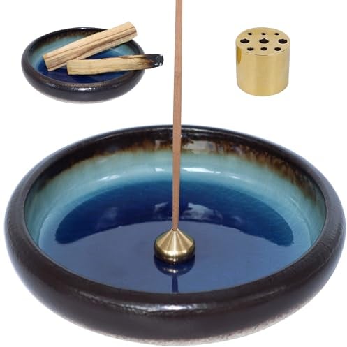 BEYLAB encens Porte Support palo Santo 3 en 1 bruleur en céramique pour Tout encens, brûleur en Baton de, Sauge bâtons Holder, diffuseur Supports Room décor, encensoir en Laiton Amovible - Bleu