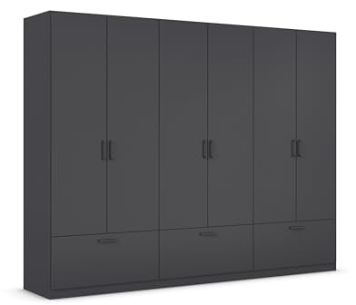 Rauch Möbel Bari, Kleiderschrank, Schrank, Garderobe, Organizer, 6-türig, 3 Schubladen für mehr Stauraum, Farbe Graumetallic, Schwarz, Griffe Grau metallic, 271x210x54cm