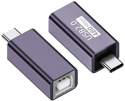 QIANRENON USB C macho a USB B hembra impresora adaptador USB tipo C a MIDI instrumento electrónico conector 480 Mbps 20 W 9 V 2 A carga, carcasa Al para teléfono portátil impresora E pianos, 2