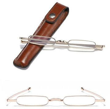 Viseng Mini Schmal Lesebrille Ultradünne Metall Lesehilfe mit kompakte und tragbare Ultraleicht Kleines Lederetui 3.00