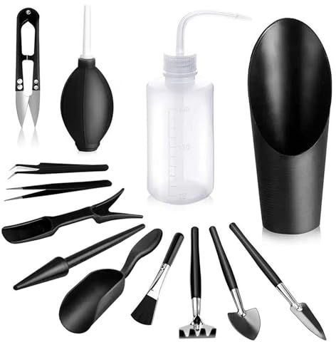 Gartenwerkzeug Set, 13 Stück Mini Pflanzen Werkzeug Set, Sukkulenten-Werkzeuge Bonsai Werkzeug Set für Innenbereich Außenbereich, Schwarz