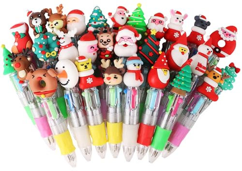 SULOLI 30 Pezzi Penne Multicolore Natale,Penne a Sfera a 4 Colori,Tema Natalizi - Animali Kawaii Gadget Regalo Festa di Natale per Bambini