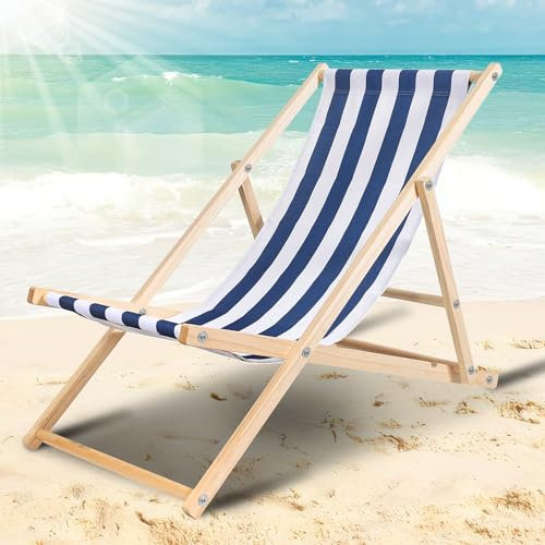 Ollewiellan Liegestuhl klappbar Holz, Strandstuhl, Bis 120 kg, Sonnenliege, strapazierfähiger Klapp-, Garten, Strand, Camping- und Reisebegleiter, (blau und weiß gestreift)