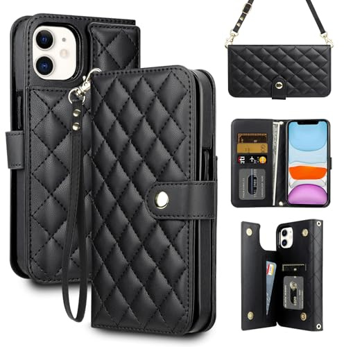 Coolden for iPhone 11 Case Wallet with Card Holder [4 Card Slots] Shoulder Strap for Women PU Leather Flip Magnetic Clasp Heavy Duty Protective Shockproof Cases Cover for iPhone 11 Phone Case-Black