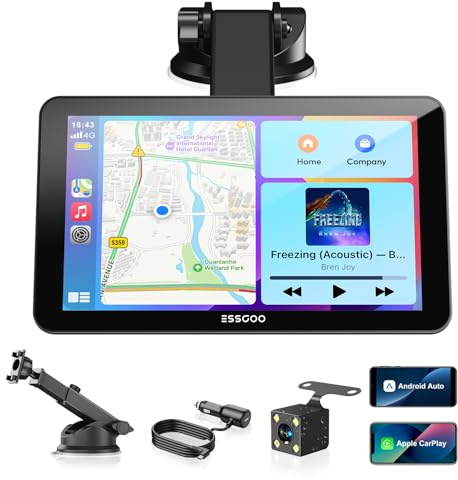 ESSGOO 7 inch Wireless CarPlay & Android Auto Screen with Rearview Cam | Android Car Display Screen Supports GPS, Siri & Google Assistant, FM Radio, Car Media Player Suitable for Multiple Vehicle