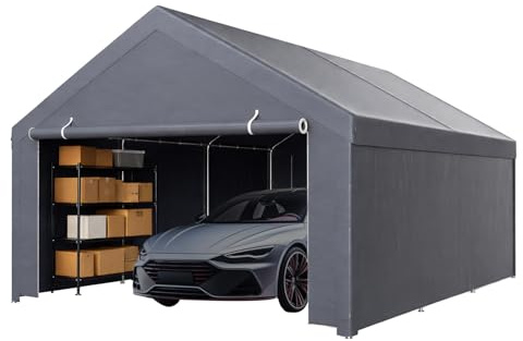 Peviasot Garagenzelt 4 x 6 m, große Zeltgarage in Grau, PE-Plane mit verzinktem Stahlrahmen, mit Erdankern und Abspannseilen, Unterstand und Lagerzelt für Auto, Geräte und Gartenbedarf