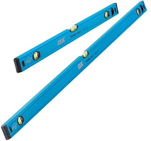 OX Trade Spirit Level Set — 600mm & 1200mm Twin Pack, Shock-Proof End Caps | Heavy-duty aluminium, milled base, dual-view magnified vials & shock proof end caps — accurate levels for tradespeople