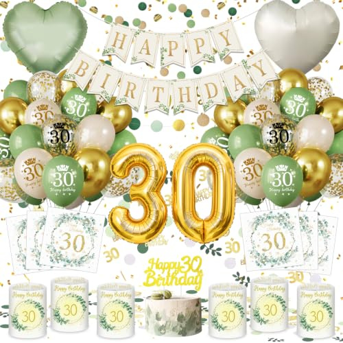 Deko 30. Geburtstag Frauen Mann, Salbeigrüne 30 Geburtstag Deko Grüne Gold mit Banner, Lampenschirm, Papierserviette, Topper, Luftballons Geburtstagsdeko, Tischdeko Cadeau 30. Geburtstag
