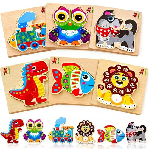 Wooden Puzzles for 1 2 3 Year Olds – Toddler Puzzles 2-3 Years Olds | 6 Pack Jigsaw Baby Puzzle with Animals - Educational Toys for 2-3 Year Olds - Montessori Toys Gift for Boys and Girls