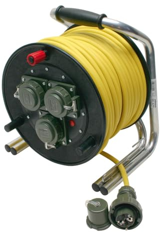 Dönges Leitungsroller Feuerwehr, DIN 14680, 230 V (Kabeltrommel Verlägerungsleitung Vollgummi-Leitungsroller) Eingang: 1 x Stecker Schuko IP68/Ausgang: 3 x Kupplung Schuko IP68/Belastbarkeit: 16 A