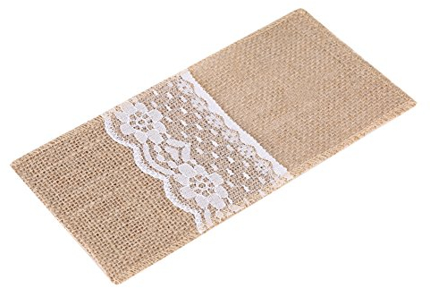 Zerodis Jute Lace Cutlery Holder Natural Burlap Hessian Cutlery Holders for Silverware Napkin Vintage Shabby-chic Tableware Cover Knife Forks Pocket Bags for Wedding Table Decoration