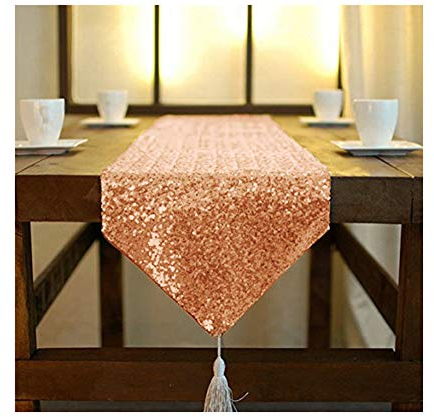 ShinyBeauty Tovaglia decorativa con frange dorato rosa cintillante, con paillettes tonde luccicanti, ideale per tavoli da festa, matrimonio o banchetti, tessuto adatto per coprir , misura 30x180 cm