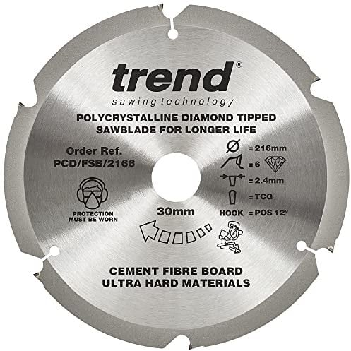 Trend PCD Fibre Cement Circular Saw Blade, 216mm Diameter, 30mm Bore, 6 Teeth, 2.4mm Kerf, +12° Hook, PCD, Coarse Finish, PCD/FSB/2166