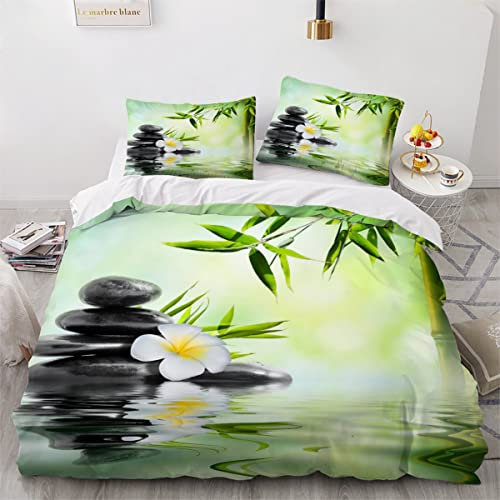 NUYSP Housse de Couette 240x260 avec Fermeture Éclair Bambou, Pierre Parure de Lit 2 Personnes avec 2 Taies d'oreiller 50x75cm Zen 3D Imprimé Adulte Housse de Couette en Microfibre