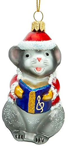 SIKORA BS722 singende Maus mit Weihnachtsmütze Christbaumschmuck Glas Figur Weihnachtsbaum Anhänger - Premium Line, Variante:grau - stehend