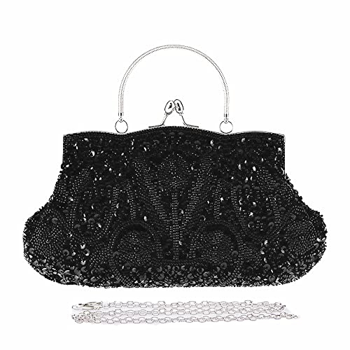 Clutch-Tasche im Vintage-Stil, florales Design, mit Perlen, glitzernd, für Abschlussball, Hochzeit, Abendtasche, Brauttasche für Frauen, Party-Handtasche, Schwarz A