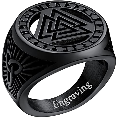 FaithHeart herren jungen Viking Valknut Fingerring schwarz Siegelring mit Rune Wikinger Style Fingerring mit Name Text Gravur für Geburtstag Weihnachten