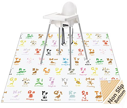 WOMUMON Hochstuhlmatte, waschbar, wasserdicht, rutschfest, Bodenschutz, Spritzmatte, unordentliche Matte und Tischdecke, 129,5 x 129,5 cm, Modern, Buchstaben, Hartboden, Teppich